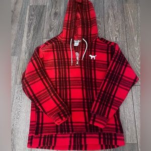 VICTORIAS SECRET PINK "PINK" LIMITED EDITION PLAID DOG 1/4 ZIP HOODIE WOMENS L